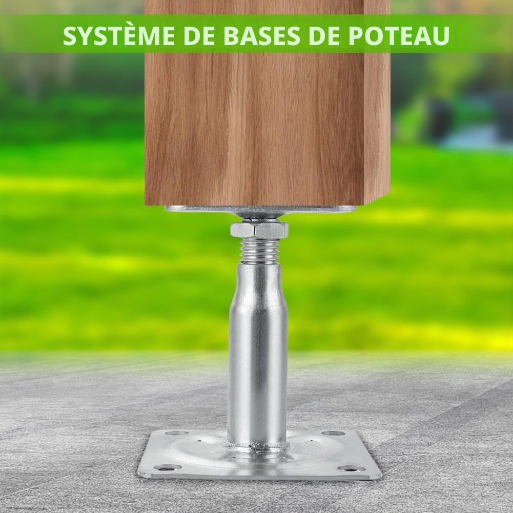 Lot de 4 Supports de Poteau Réglables, Galvanisés, 100-130 mm, pour Support Poteau Bois, Pied de Poteau Réglable, Clôtures, Pergolas, Abris