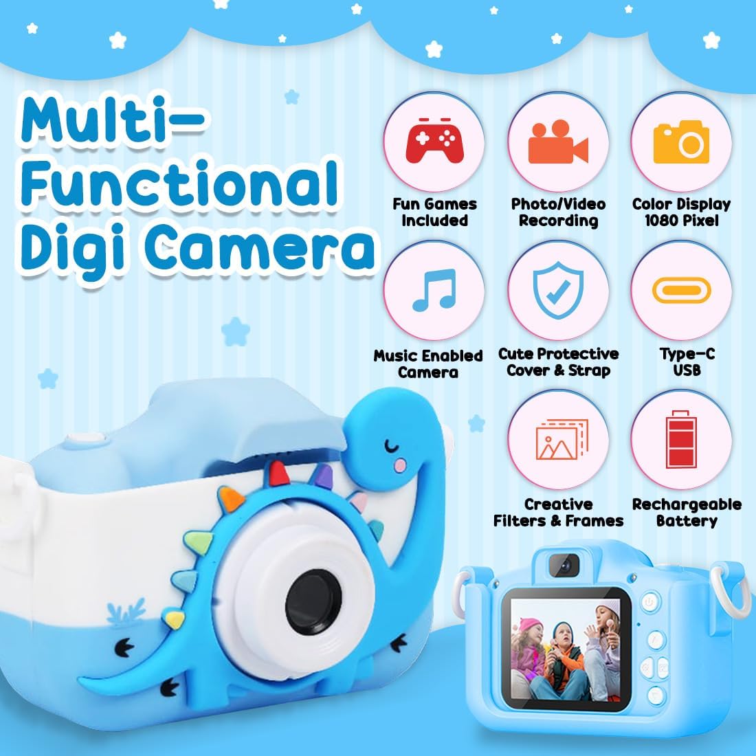 Wembley Kids Camera for Boys & Girls 3–8 Years | Digital Camera for Kids 1080P Selfie Video | Toddler Camera Rechargeable with Games | 32GB Card | Silicone Cover | Dinosaur Birthday Gift - Blue