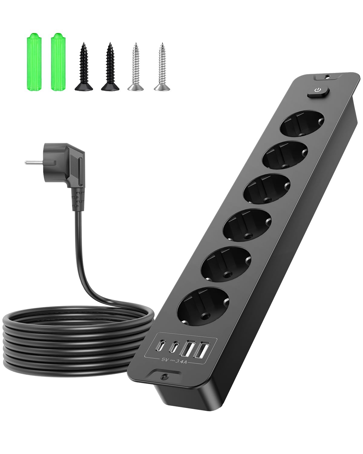 Enchufe empotrado con USB, enchufe de mesa retráctil con 6 enchufes, 4 USB (2 USB C PD 20 W), regleta para escritorio, armario, hogar y oficina (negro)