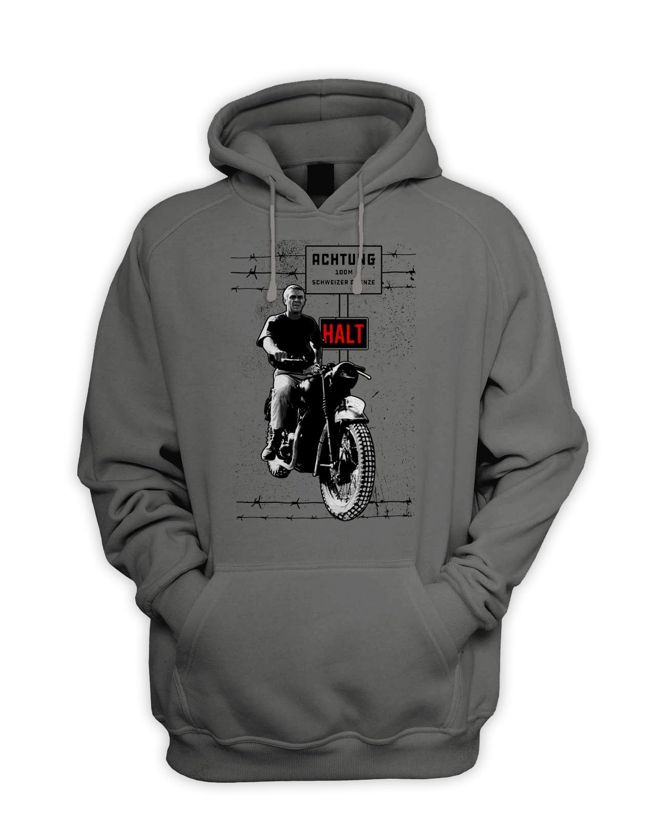 Tribal T-Shirts The Great Escape Achtung Pouch Pocket Hoodie - Steve McQueen L/Charcoal