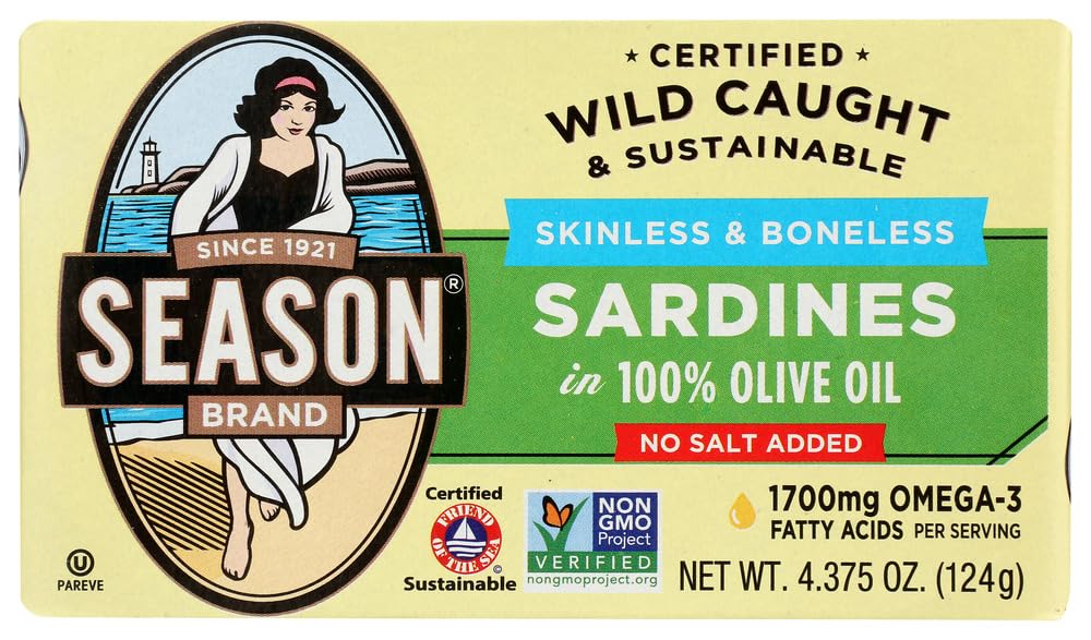 Season Brand Sardines - Skinless and Boneless - in Olive Oil - No Salt Added - 4.375 oz - case of 12