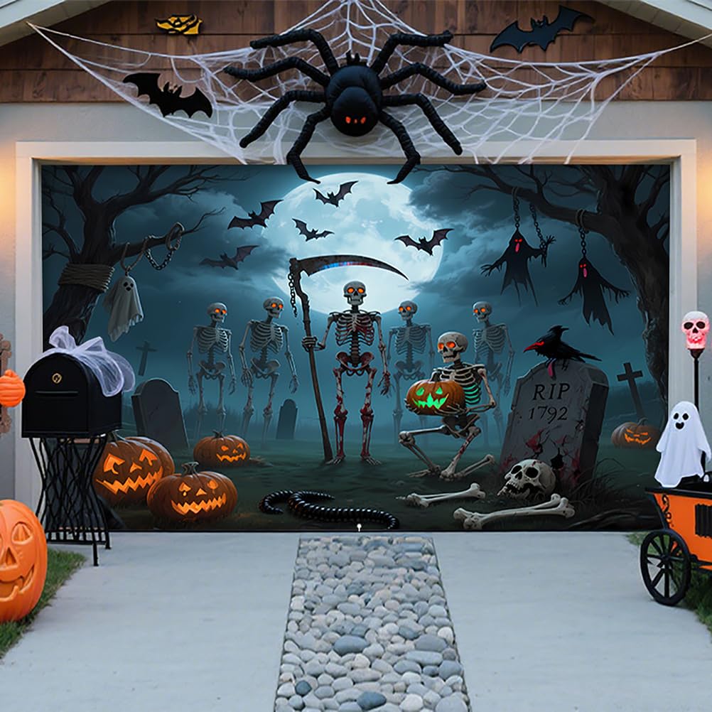 Halloween Garage Door Decorations Halloween Hanging Banner Backdrop Horror Wall Decor Party Photo Backgrounds for Outdoor Window Yard,Skeleton Army,6.5 * 5FT — image 1