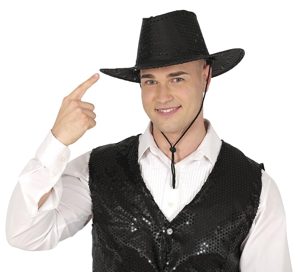 FIESTAS GUIRCA | Sequined Cowboy Hat (One Size) - Fancy Dress Accessory for Cowboy Parties and Stag Do's - Ideal for Unisex Adults - Black