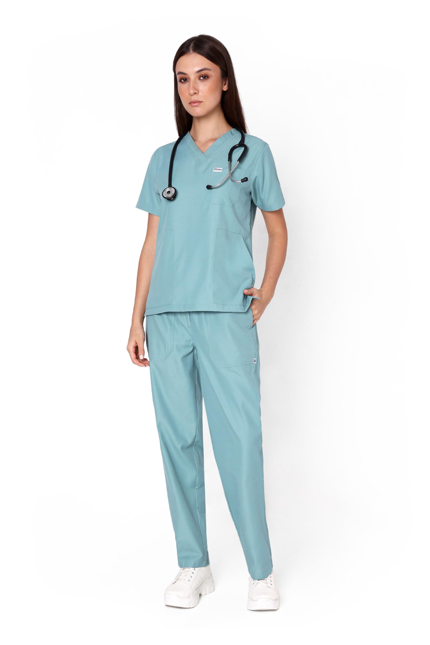 KNYA Classic Women's 5-Pocket New Gen Scrubsuit | V Neck | Flexibile & Comfortable Top & Bottom | Easily Accessible Pockets | Uniform for Doctors.