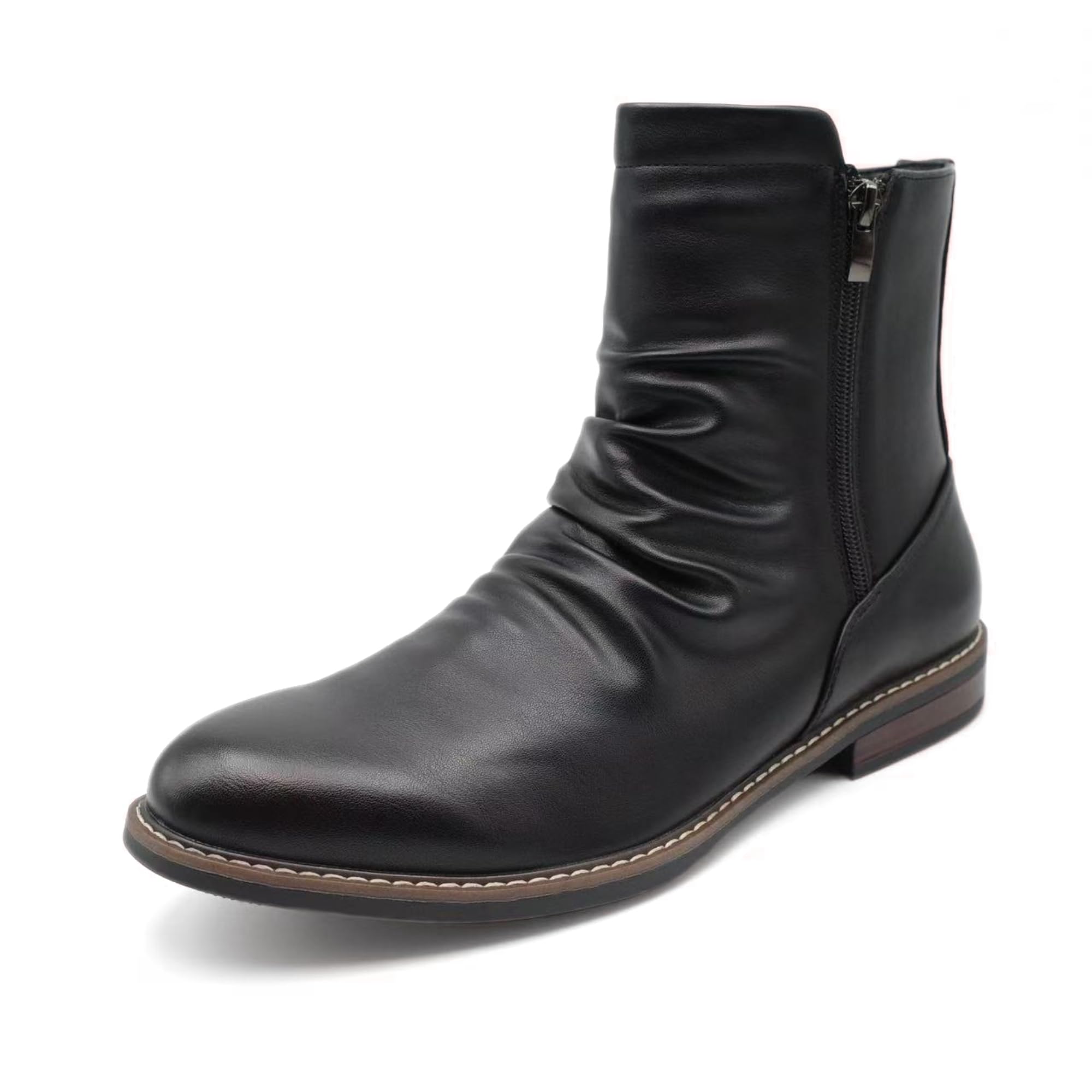 Finishing Sewing Mens Casual Motorcycle Combat Ankle Boots with Side Zipper and Ruched Design