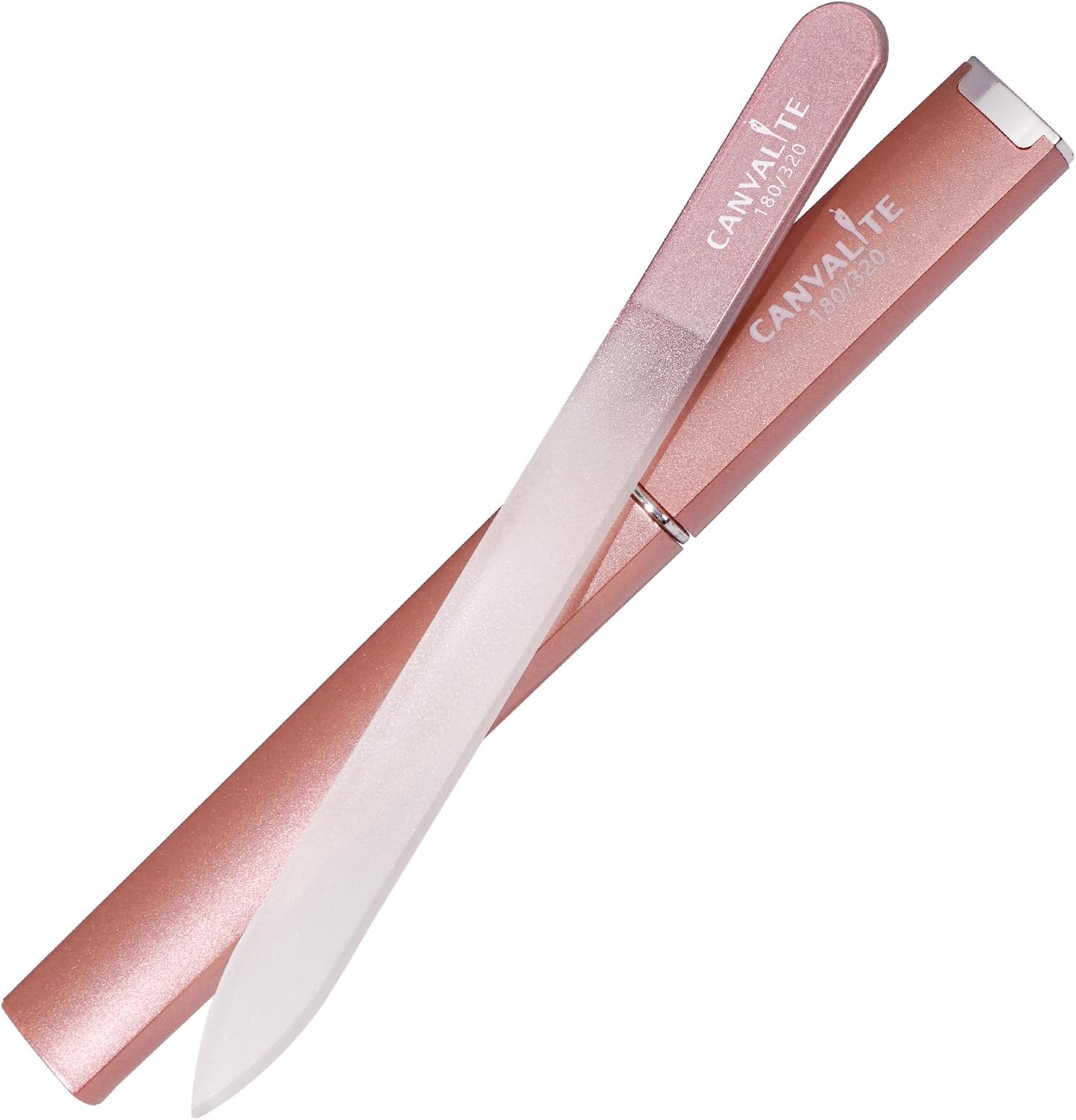 CANVALITE Glass Nail Files for Natural Nails - Double Sided 180/320 Grit Crystal Glass File with Case, Gentle Emery Boards for Damaged Nails, Stocking Stuffers for Women (Rose Gold)
