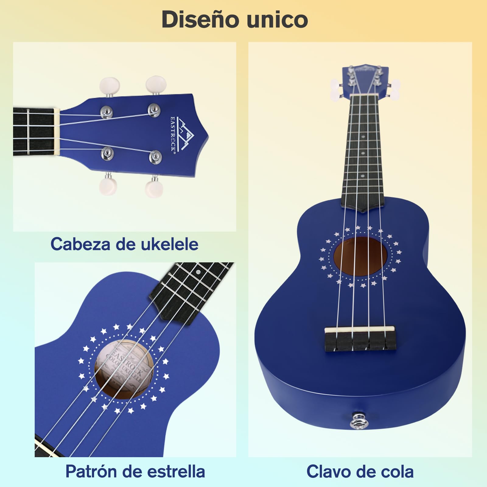 EASTROCK Ukelele Soprano de 21 Pulgadas, Kit de Ukulele para Principiantes con Bolsa, Cuerda, Manual de Instrucciones (Azul Marino)