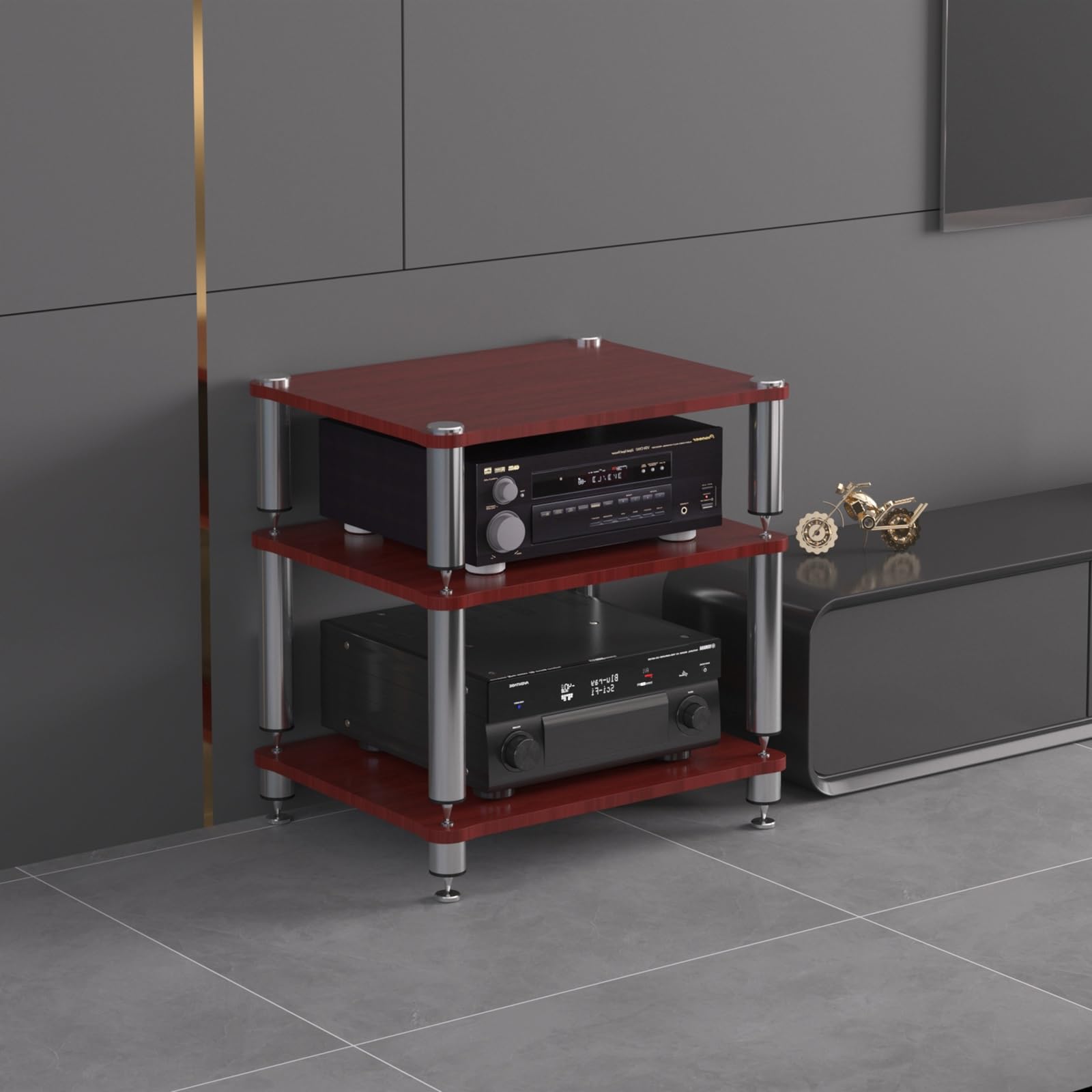 Mobiletto AV HiFi A 3 Ripiani Ripiano In Legno Supporto Per Giradischi Mobile Stereo Sound Tower Rack Portaoggetti Per Console Multimediali(Teak color,Three-layer)