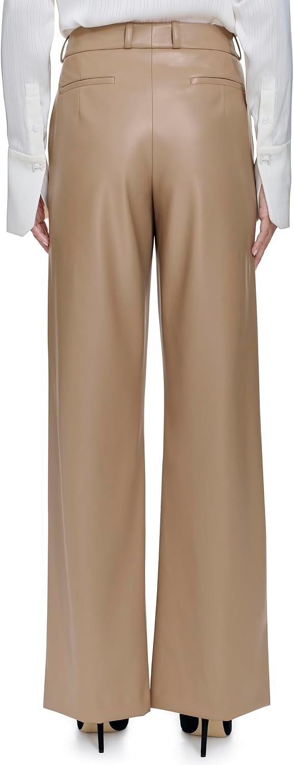 Halston Women's Vegan Leather Wide Leg Trouser with Belt Loops