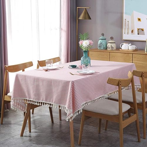 Miniatura 7 de Mantel con borlas de algodón y lino, a prueba de polvo, para cocina, picnic, comedor, mesa, decoración del hogar (redondo de 60 pulgadas, rosa y