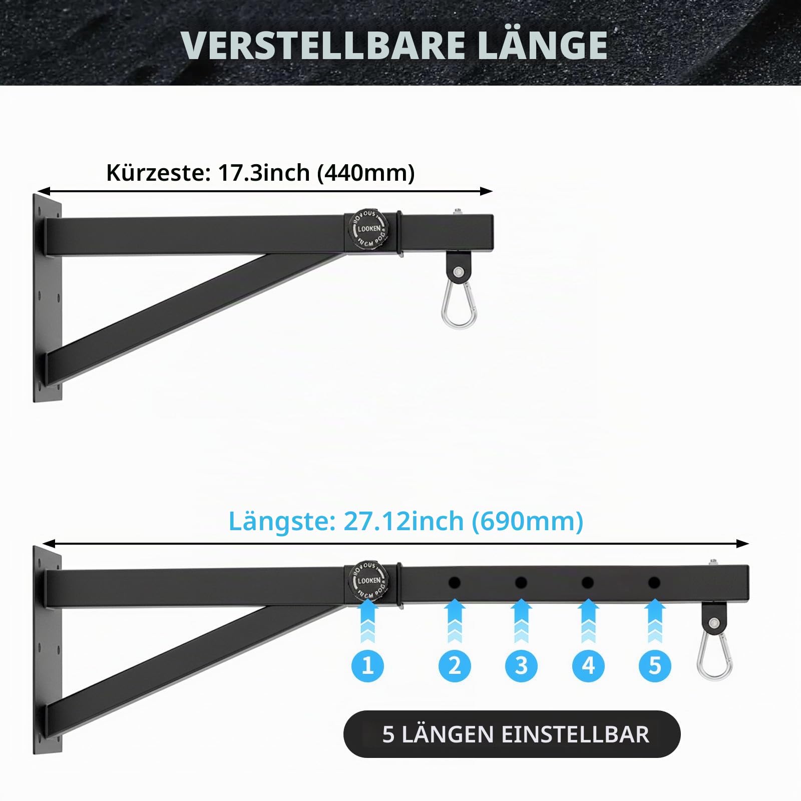 Boxsack Wandhalterung – Boxsackhalterung, Verstellbare Länge 44-69 cm, strapazierfähige Konstruktion, kompatibel mit Sandsäcken, Speedbags, MMA-Säcken für den Einsatz im Home Gym (Standard)
