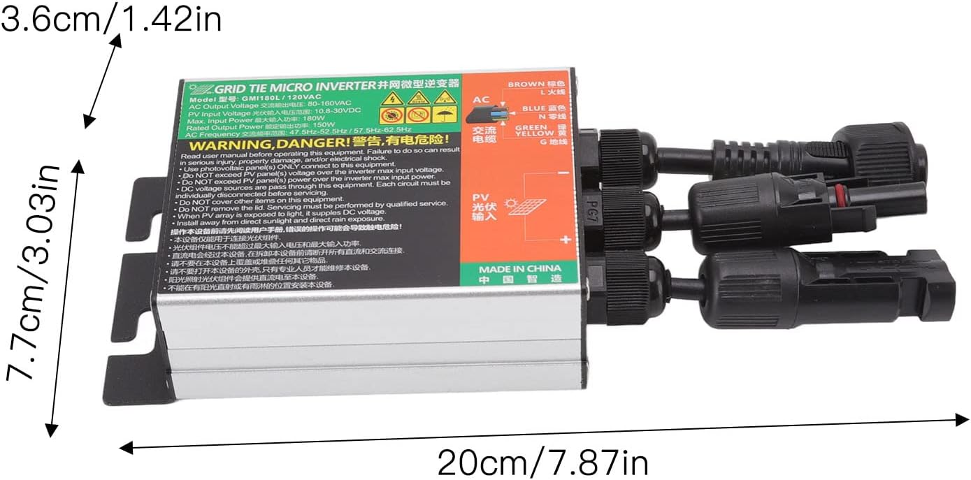 Diydeg 180W MPPT Grid Tie Micro Inverter for 12V Solar Panel, Home Use System DC to AC Micro Inverter Solar Micro Inversor (GMI-180L-AC110V)