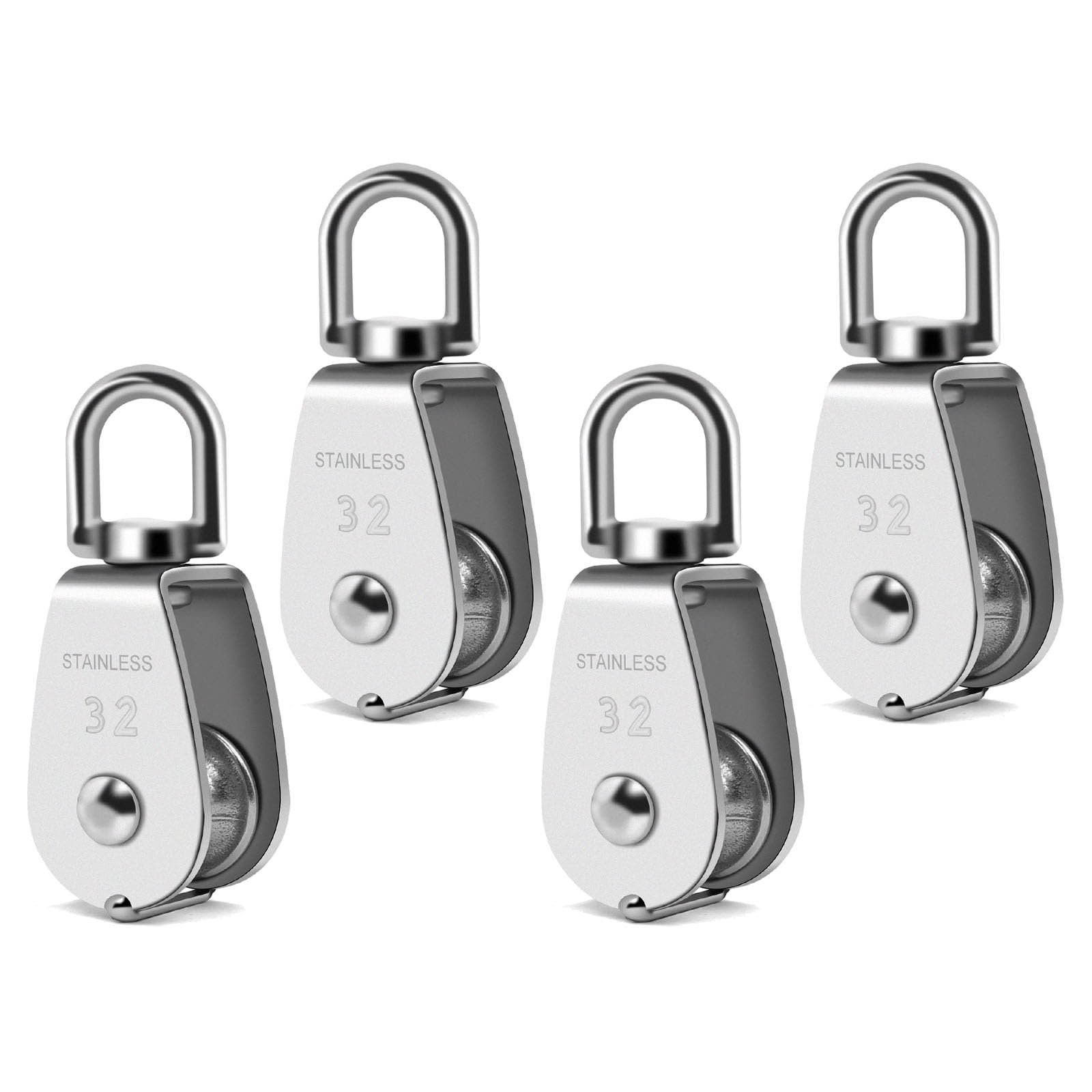 LordHardware 4PCS M32 Single Pulley Snatch Block 304 Stainless Steel Lifting Crane Swivel Hook, 2/5" Rope x 1.2" Sheave
