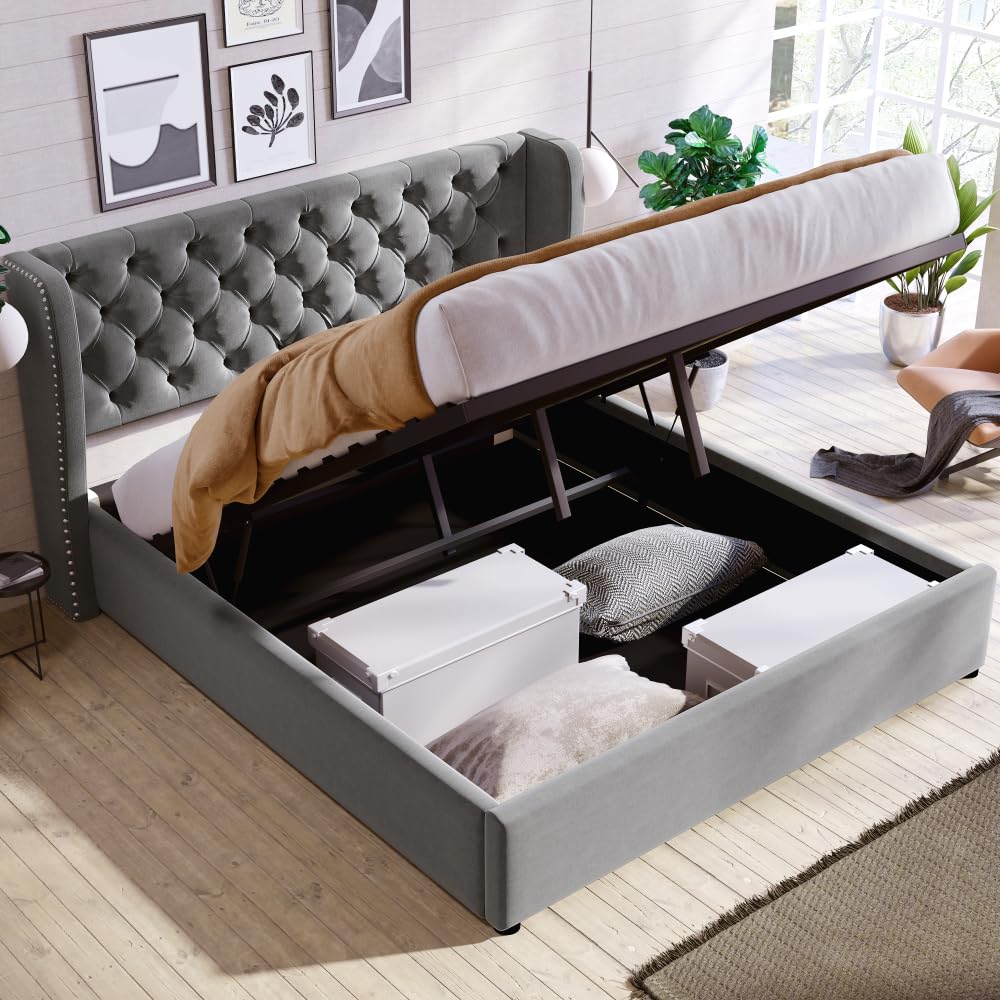 Lubvtti Letto imbottito in velluto a forma di orecchio,letto matrimoniale con spazio di stoccaggio idraulico,letto contenitore matrimoniale con rete a doghe (Grigio,180x200)