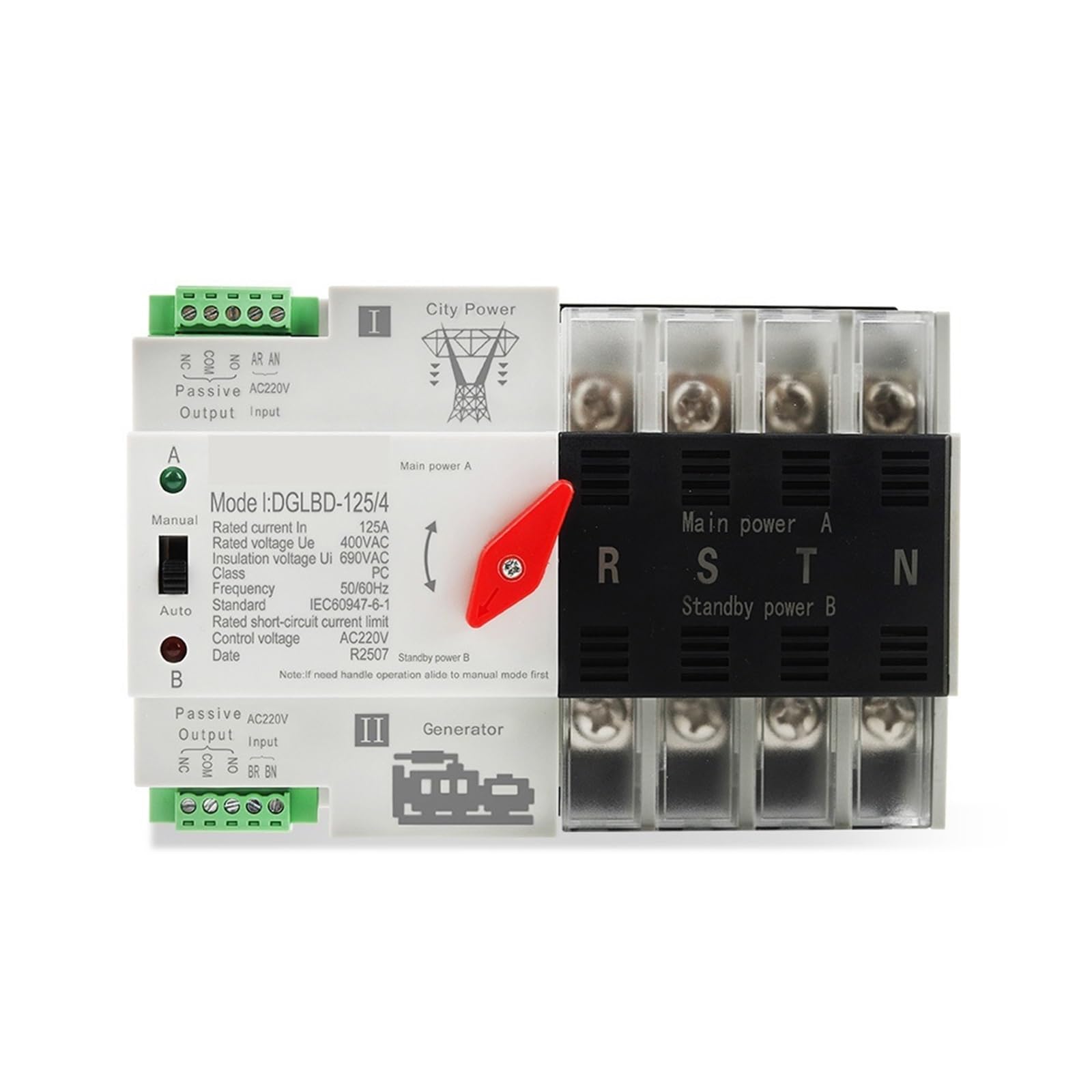 Automatyczny przełącznik transferu ATS trójfazowy podwójny zasilacz 125A na szynie DIN, przełącznik elektryczny 4P, nieprzerwany generator prądu 50/60 Hz (220 V)
