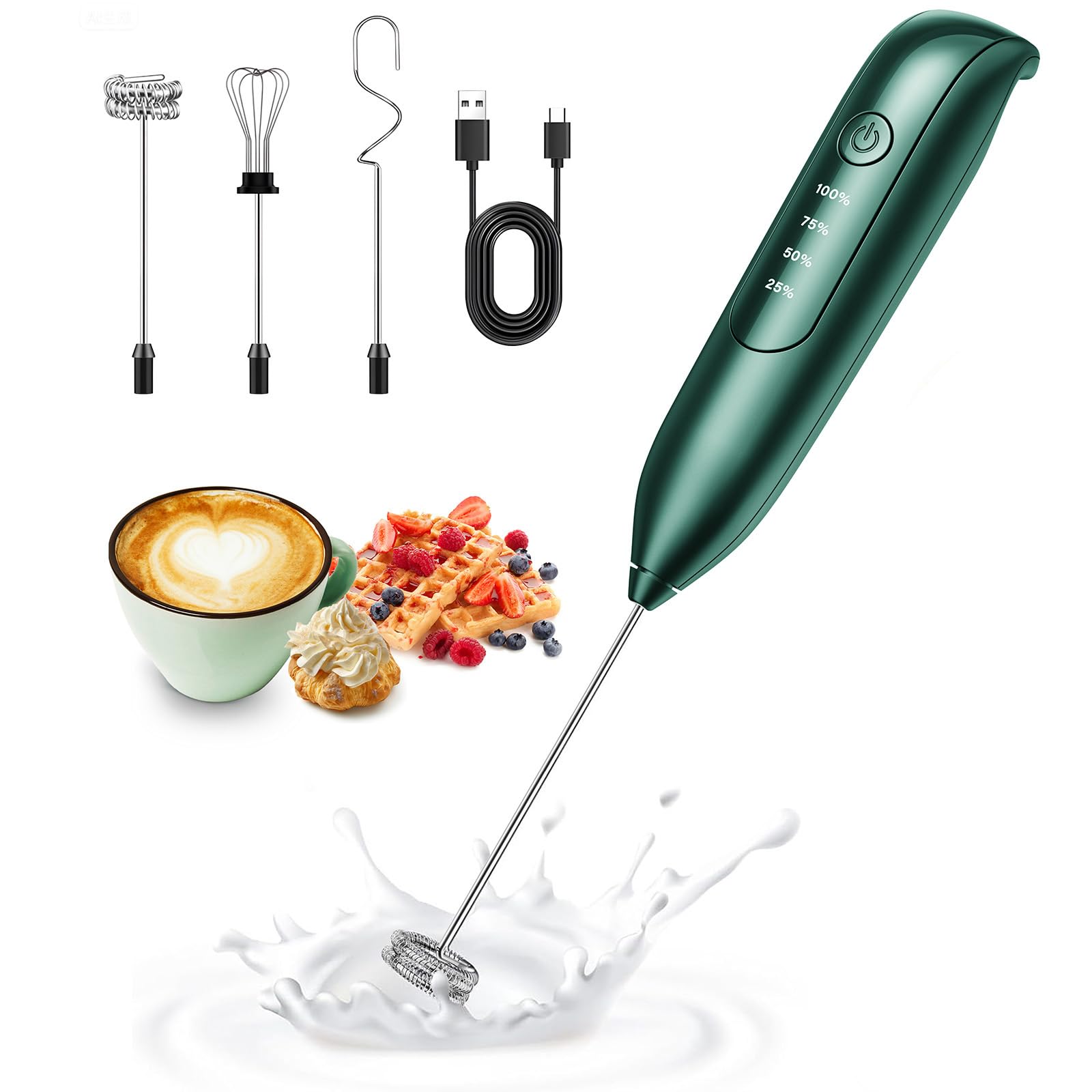 Dynooper Electric Milkr 3 in 1 Whisk Milk Foamer,Powerful Milk Frother Wand - Mini Handheld Milk Frother with Stainless Steel Whisk for Coffee, Lattes, Cappuccino -Brownish Green
