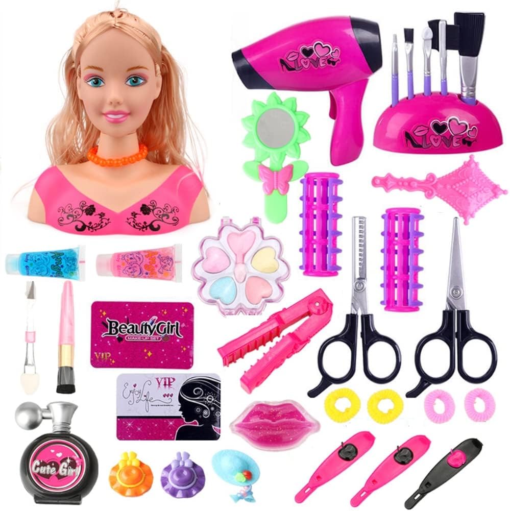 Hiraith Makeup Head for Girls, 24/35 Pieces Children's Hairdressing Head Doll Head Including Cosmetics and Accessories, Hair Dryer, Makeup Brush, Styling Head Role Play for Girls