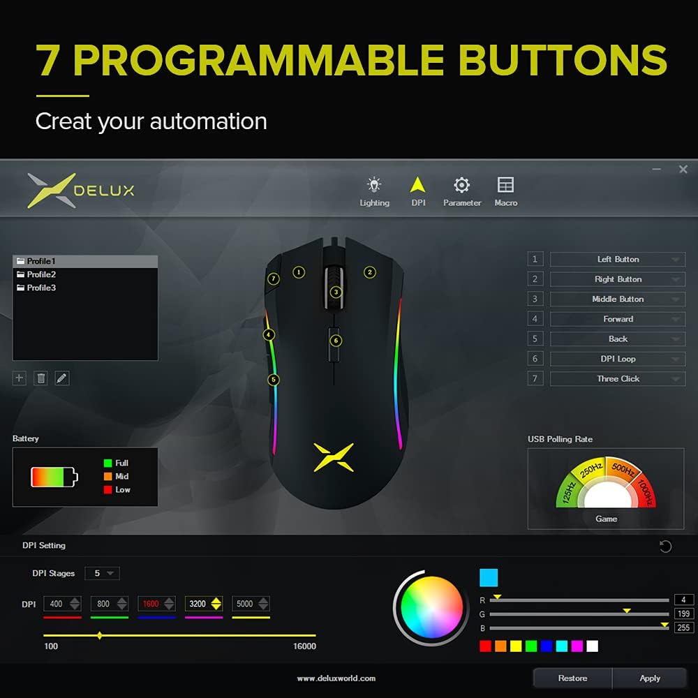 DeLUX Wireless Ergonomic Gaming Mouse with Pixart 3335 16000 DPI, 7 Programmable Buttons, Rechargeable RGB Mice for PC Gamer(M625PLUS-Black)