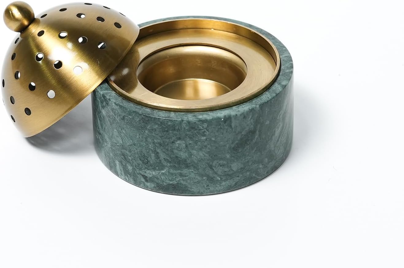 Sissi & yaya Marble and Brass Incense Burner, Multi-Purpose Holder for Cones, Sticks and Coils, 3.94 x 4.33 inches (Green)