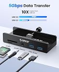 ORICO USB Hub 3.0, Serrure USB Hub avec port d'alimentation supplémentaire, aluminium USB C Adaptateur avec 2 USB-A Ports de données,3.5mm AUX, SD/TF Lecteur de cartes pour le bureau (noir)