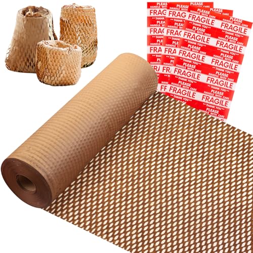 Honeycomb Packing Paper, 38cm*70m Cushioning Bubble Wrap Roll for Moving Shipping Packaging Gifts with 36 Fragile Sticker, Recyclable Eco Friendly Brown Kraft Wrapping Paper