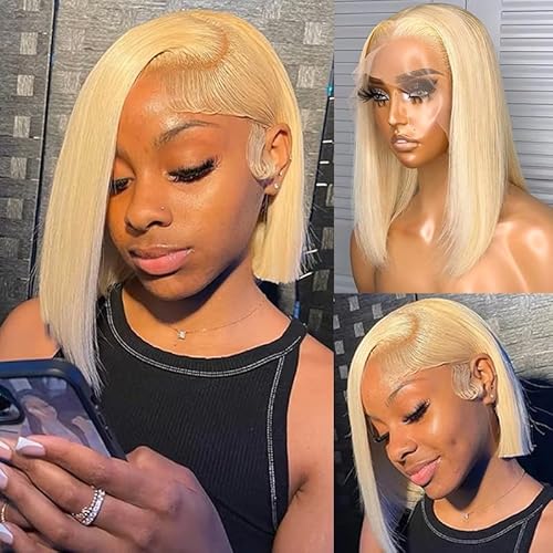 Blonde Bob Wigs Human Hair 13x4 Lace Front Brazilian Virgin Hair Middle Part Silky Straight for Women 10Inch Layered HD Transprent Lace Pre Plucked Natural Hairline 180% Density 613 Short Bob Wigs