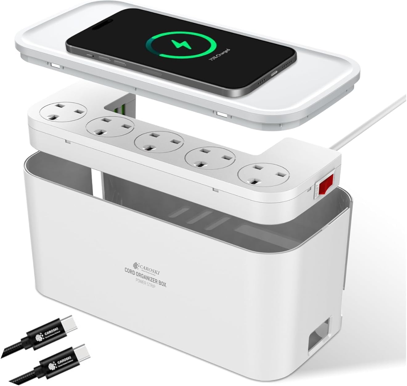 CAROSKI Cable Management Box with Power Extension Strip 5 Outlets Fast Wireless