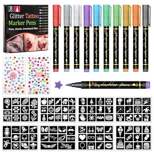 ZUPAPJO 10 Pièces Stylo Tatouage Temporaire, Kit Tatouage Paillettes, 8 Pochoir Tatouage et 2 Autocollants pour Pierres Précieuses, pour Homme Femme...