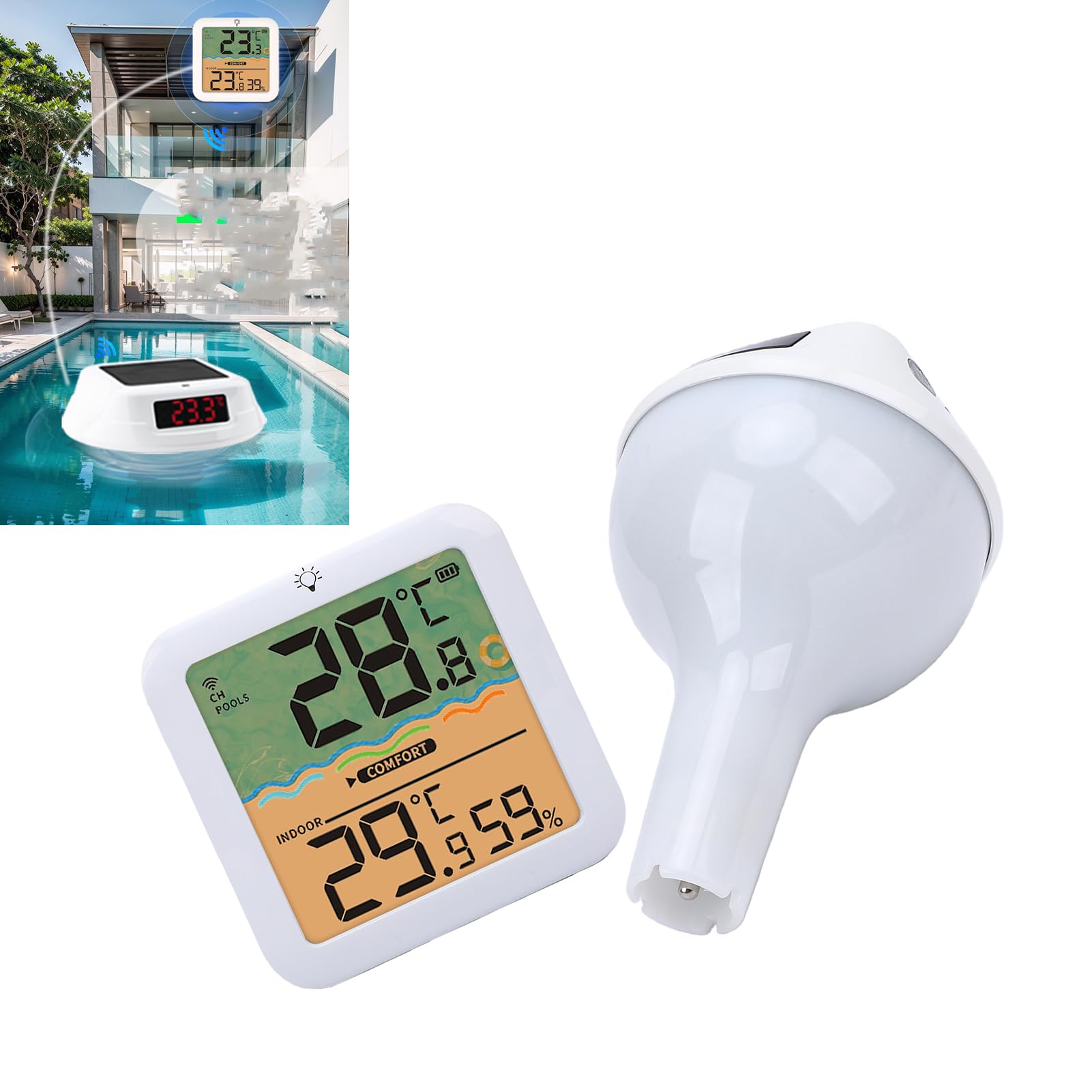 Tangxi Termómetro Solar Digital para Piscina Termómetro Flotante para Piscina con Luces RGB Alimentadas por Energía Solar Pantalla Digital Temperatura Interior Exterior Humedad para (WHITE)