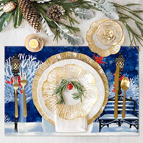 Christmas Snowman Placemats For Dining Table, 12 X 18 Inch Blue Xmas Winter Seasonal Holiday Decoration Rustic Washable Table Mats Set Of 4 #TOP3