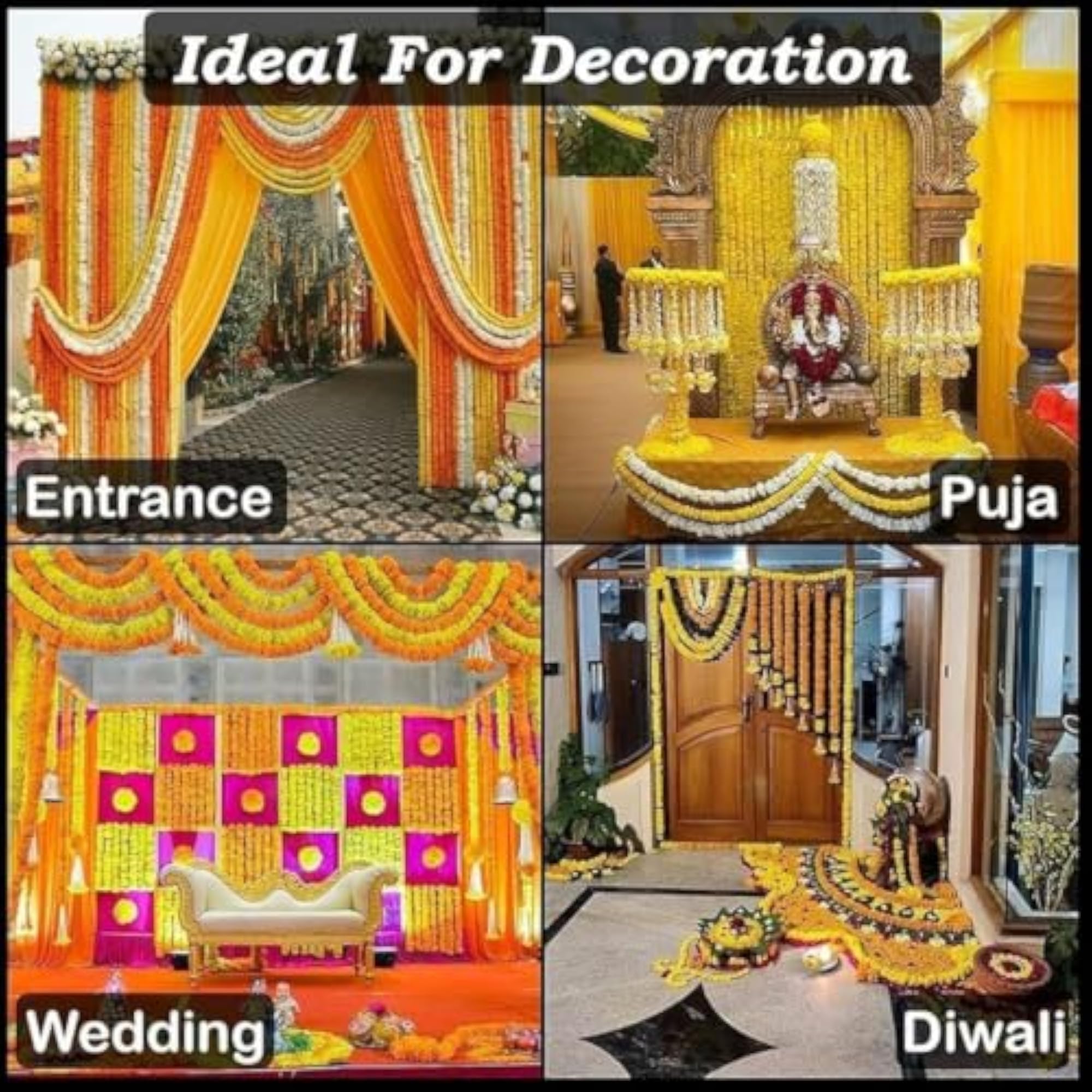 Artificial Marigold Pom-Pom Hanging Garland with Decorative Silver Bells