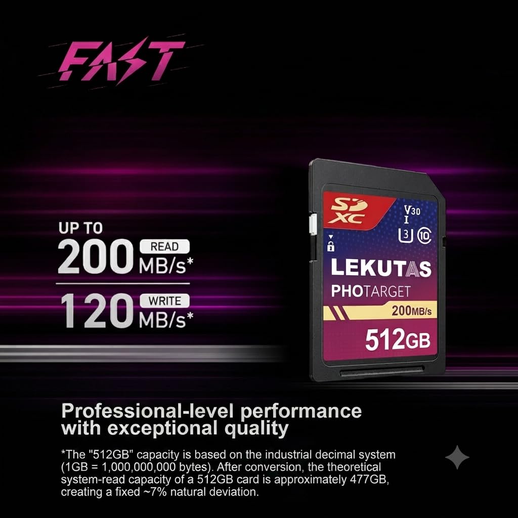 Scheda di memoria SDXC UHS-I da 512 GB, velocità di lettura fino a 200 MB/s, C10, U3, V30, 4K UHD, scheda SD video Full HD 4K per Canon Nikon Sony Panasonic DSLR, fotocamere mirrorless
