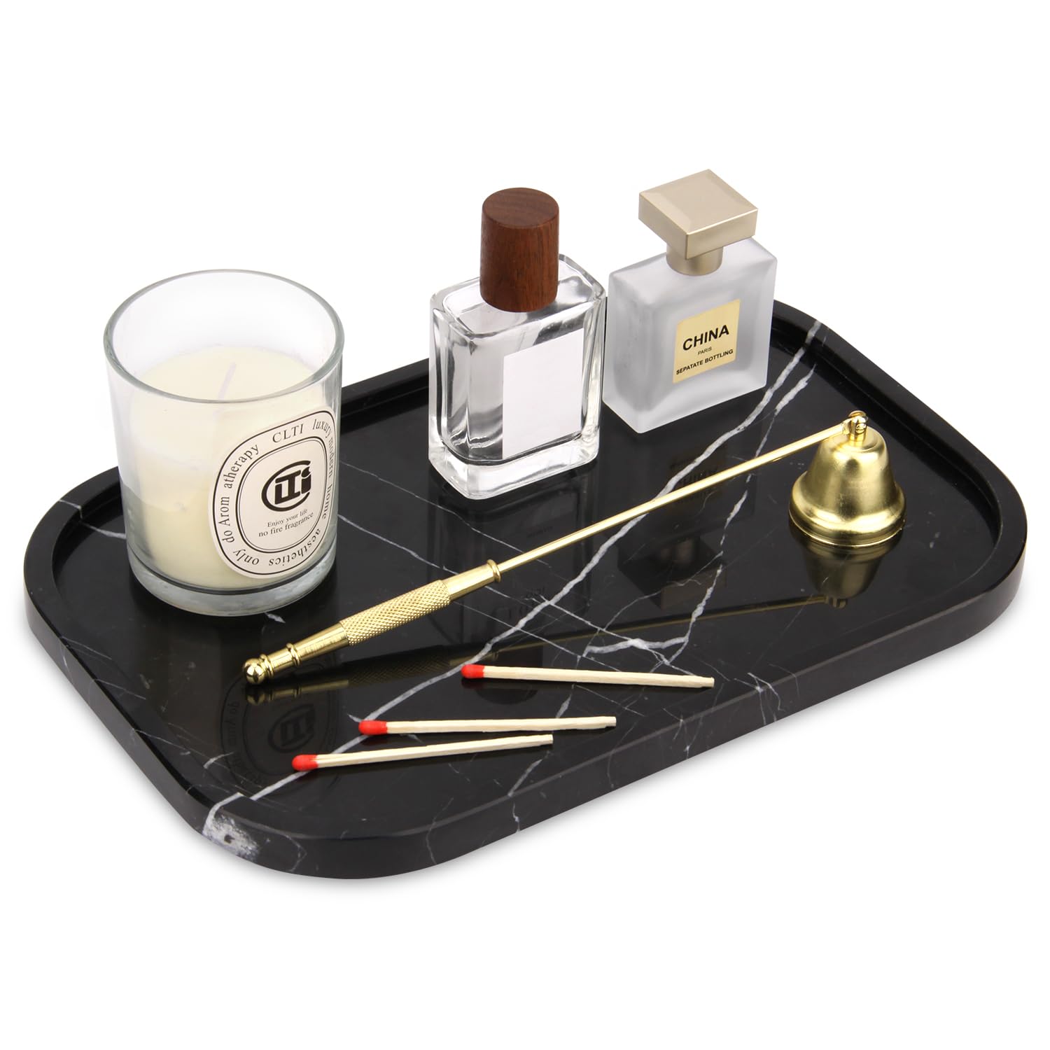Marble Bathroom Vanity Tray, Natural Marble Home Kitchen Bathroom Table Tray, Stone Decorative Countertop Serving Trays for Coffee Perfume Jewelry Makeup (Black Marquina, 30 x 20 x 1.8cm)