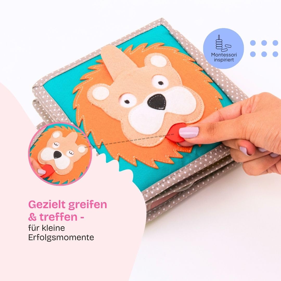 Jolly Designs Mini Quiet Book Dösender Löwe – Montessori Spielzeug ab 1 Jahr – Stoffbuch & Busy Book ohne lose Teile – Lernspielzeug aus Filz – Motorikbuch für Babys & Kleinkinder