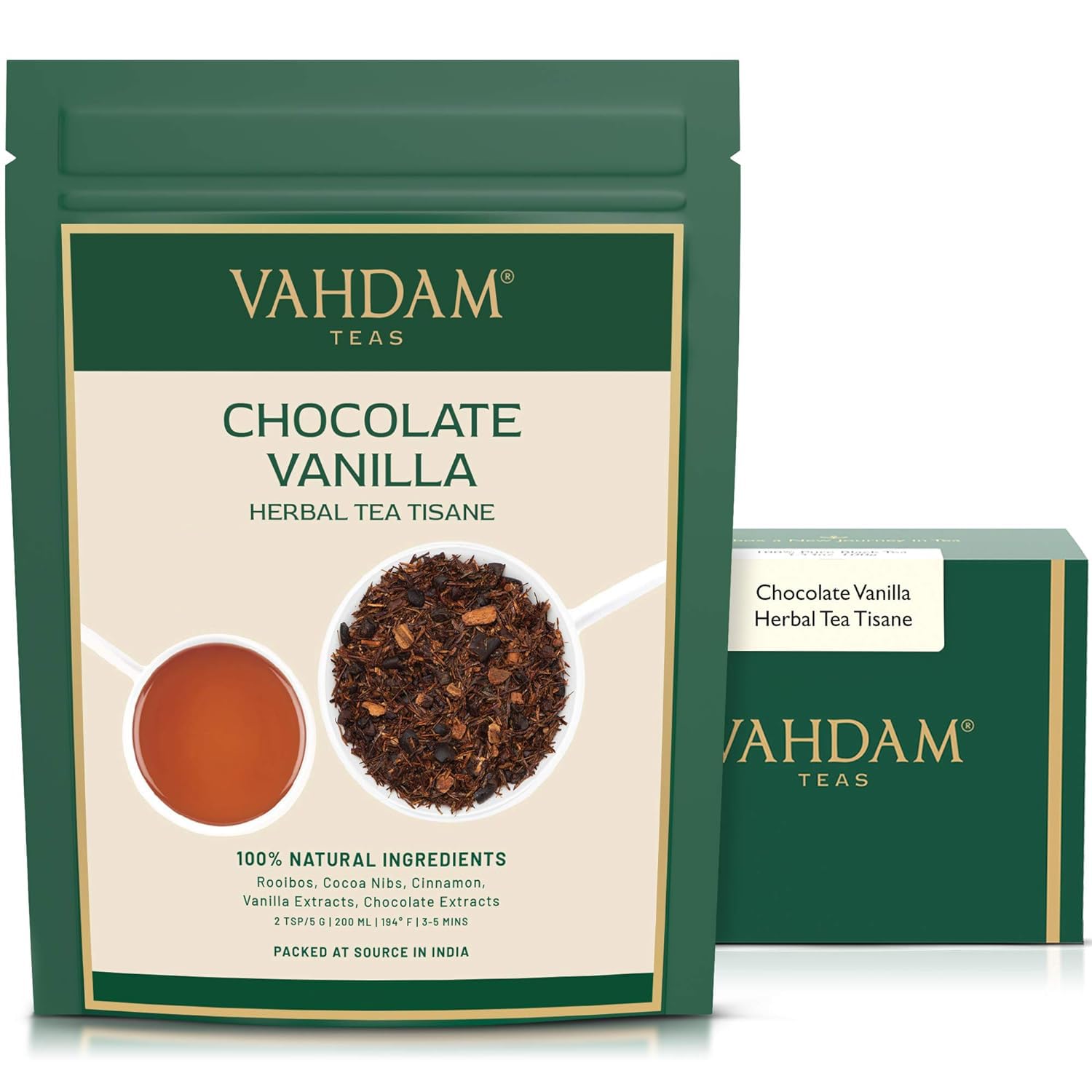 VAHDAM Chocolate Vanilla Herbal Tea (3.5 oz, 50+ Cups) | Rooibos, Chocolate, Vanilla | Loose-Leaf, Vacuum Sealed for Freshness