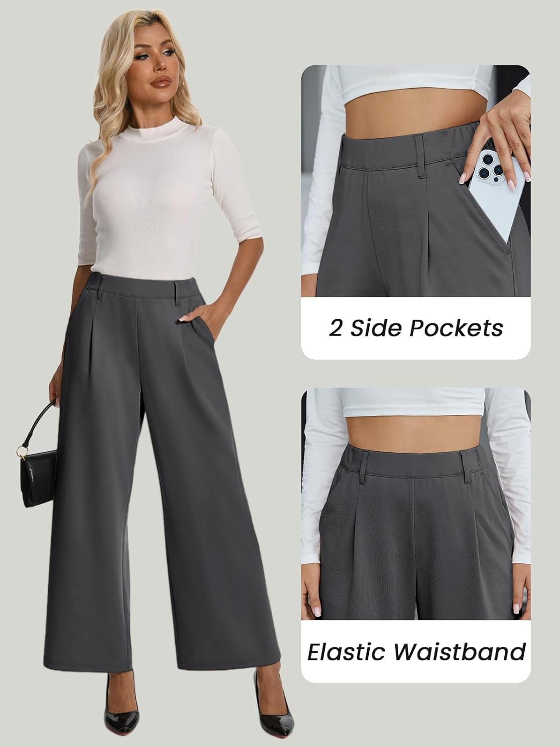 Womens Dress Wide Leg Pants Pull On Stretchy Work Pants High Waisted Business Causal Palazzos Trousers with Pockets - Image 4