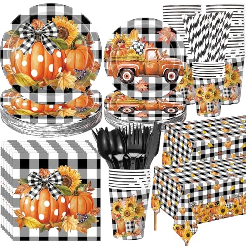 Image of Funnymoom 452 Pcs Fall Thanksgiving Party Decorations, Black White Buffalo Plaid and Orange Pumpkin Maple Leaves Paper Plates Napkins Cups Tablecloth Cutlery Straws for Autumn Harvest Party Supplies