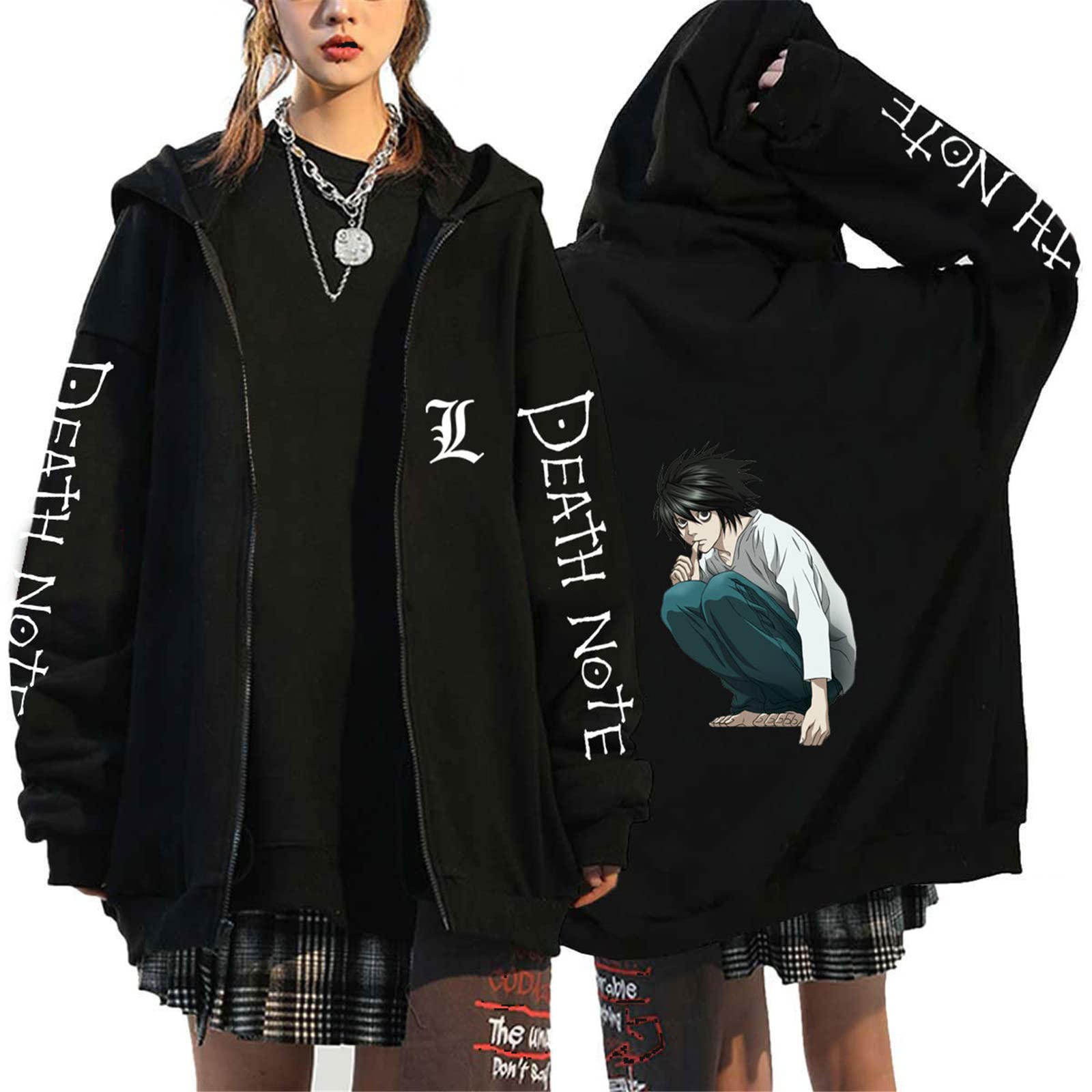 Allmonyba Women's # 6 Death Note Anime Zipper Hoodie Sweatshirt For Men L·lawliet Oversized Hooded Sweatshirt Jacket