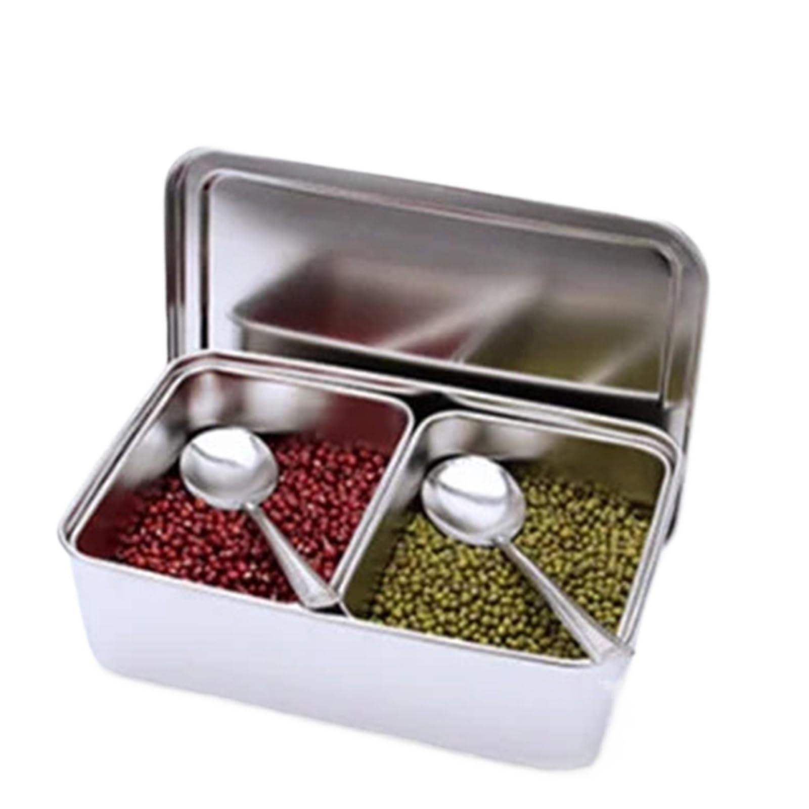 UBOHUZ Kitchen Food Storage Container Compartments Stainless Steel Seasoning Box Containers With Lid Rectangle Chef Tools for Kitchen Condiment(2grid 23.5x15.5xH7cm)