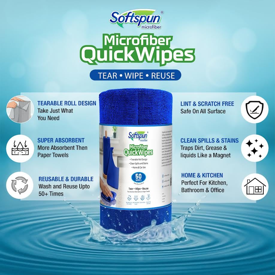 Image of SOFTSPUN Microfiber Cleaning Roll - 20 Quick Wipes, 10X Cheaper Than Paper Kitchen Roll Reusable & Lint-Free Cloth for Kitchen, Glass & Home Cleaning | 25x25 cm (Blue)