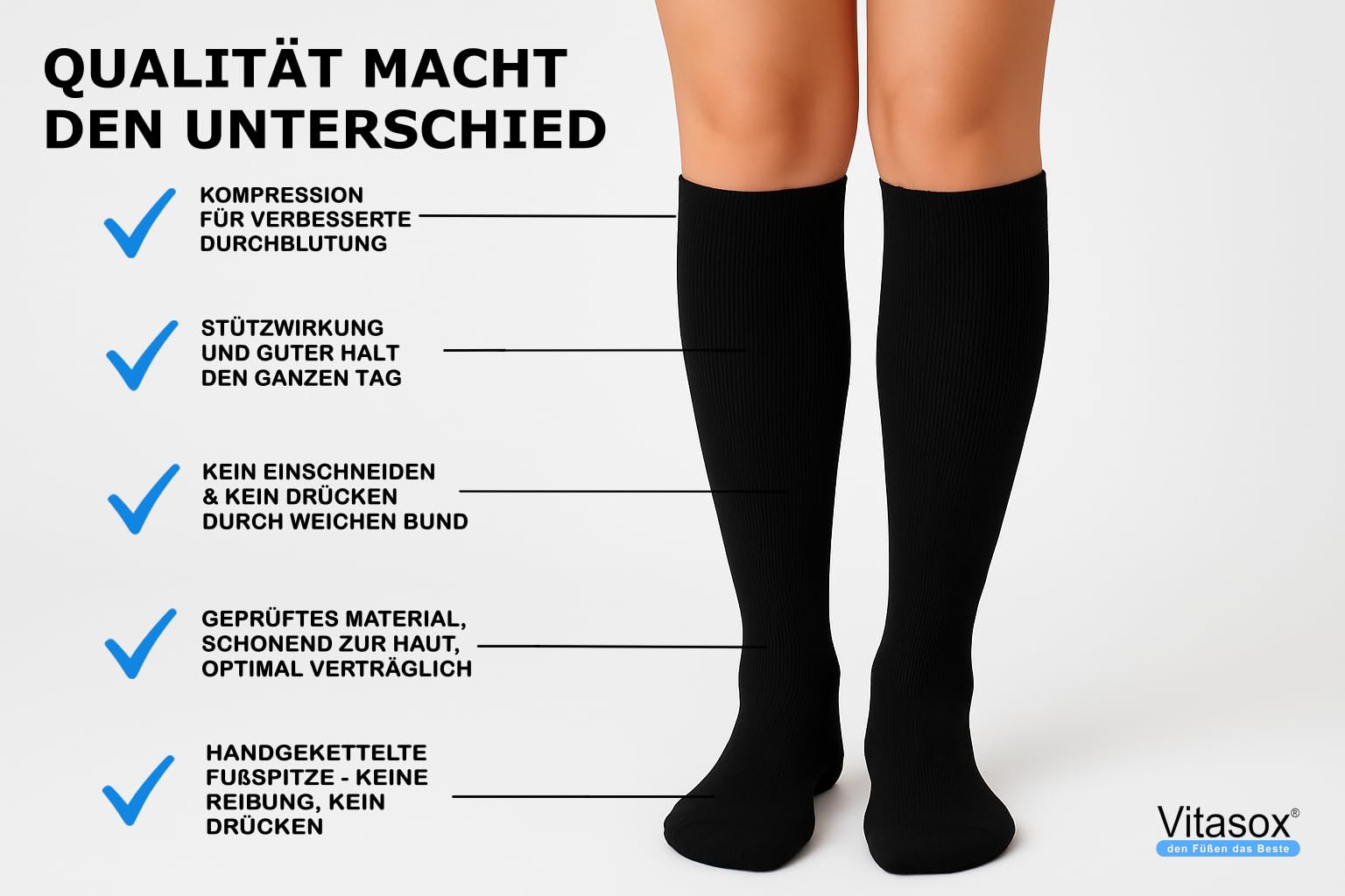 Vitasox Stützkniestrümpfe für Damen & Herren 6 Paar, Reisekniestrümpfe aus Baumwolle, Stützstrümpfe mit leichter bis mittlerer Kompressions, Kompressionsstrümpfe für Büro und Alltag