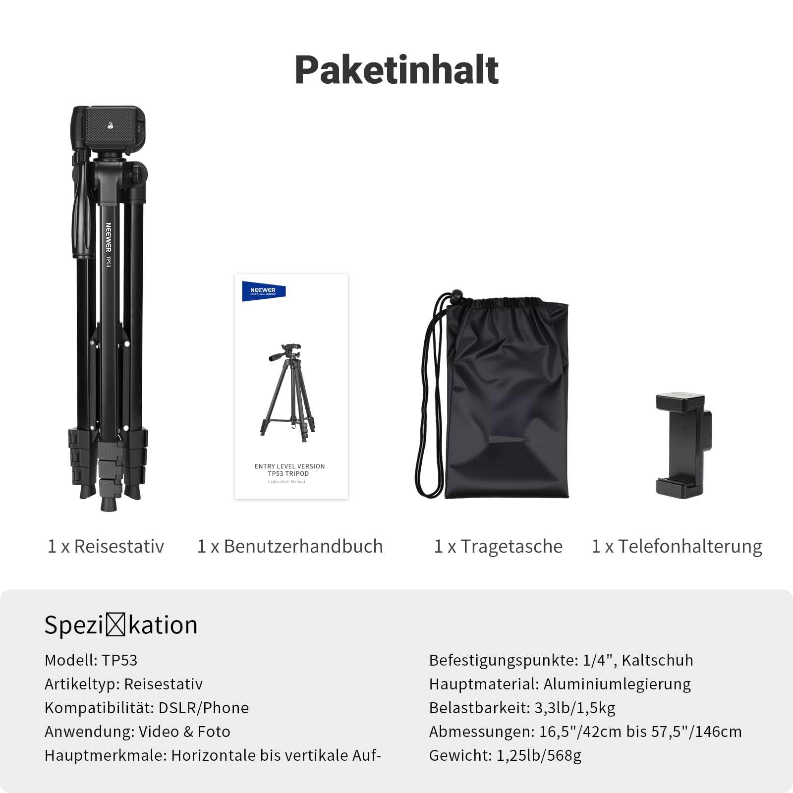 NEEWER Entry Level Version Stativ für Handy & Kamera, Metall Leichtes Tragbares Reisestativ mit Cold Shoe Handyhalterung Kompatibel mit iPhone für Videoaufnahmen, TP53