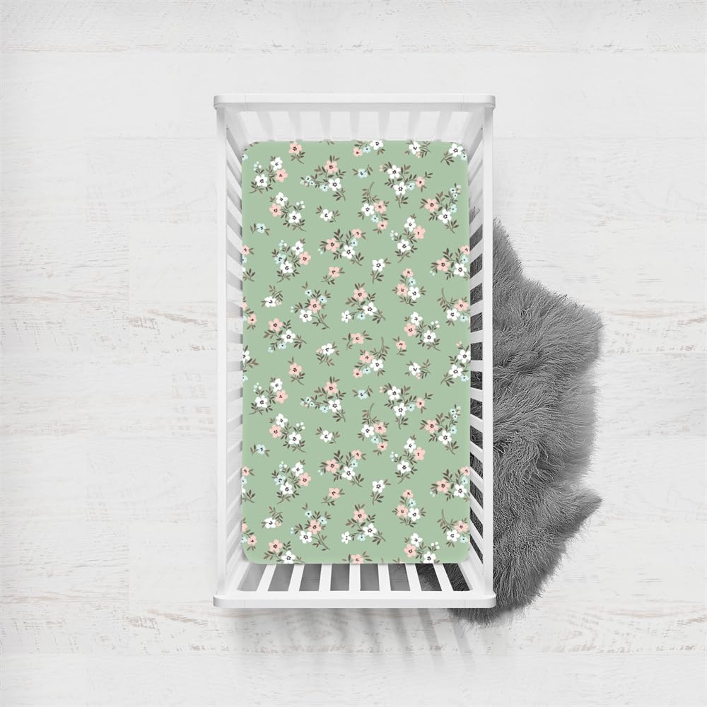 Odot Cot Bed Fitted Sheets, Toddler & Baby Bed Sheets, Elegant Floral Print Microfiber Mattress Protector, Cozy Lightweight Bedside Cribs Bassinet Sheets for Boy and Girl (Matcha Green,45x90cm)