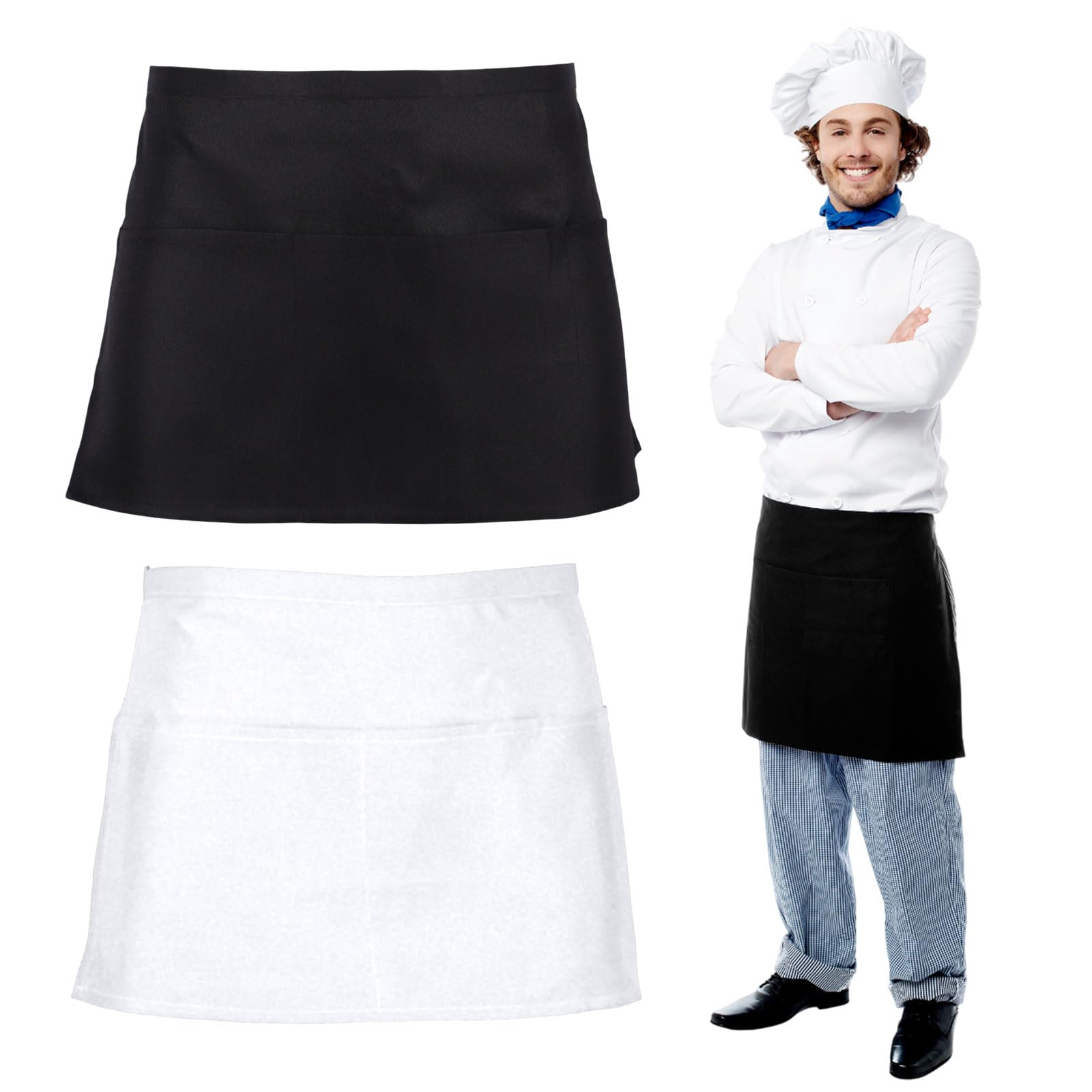 Grembiule Da Cucina Corto Con 2 Tasche - Vita Unisex Per Chef, Cameriere, Bar E Ristorante - Leggero E Resistente, Taglia Unica Regolabile (Nero) - 2