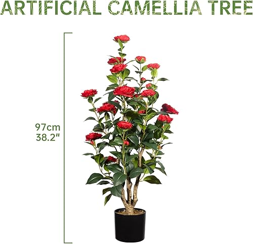 Miniatura 6 de Romantic Season Paquete de 2 árboles artificiales de camelia de 3 pies, planta de camelia sintética roja en maceta, árbol de camelia de plástico