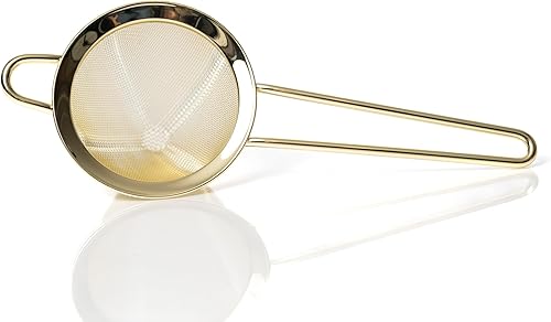 Bull in China Colador de malla fina con asa - Acabado dorado  Colador de mano de barra  Colador de cóctel de malla de alambre  Colador para