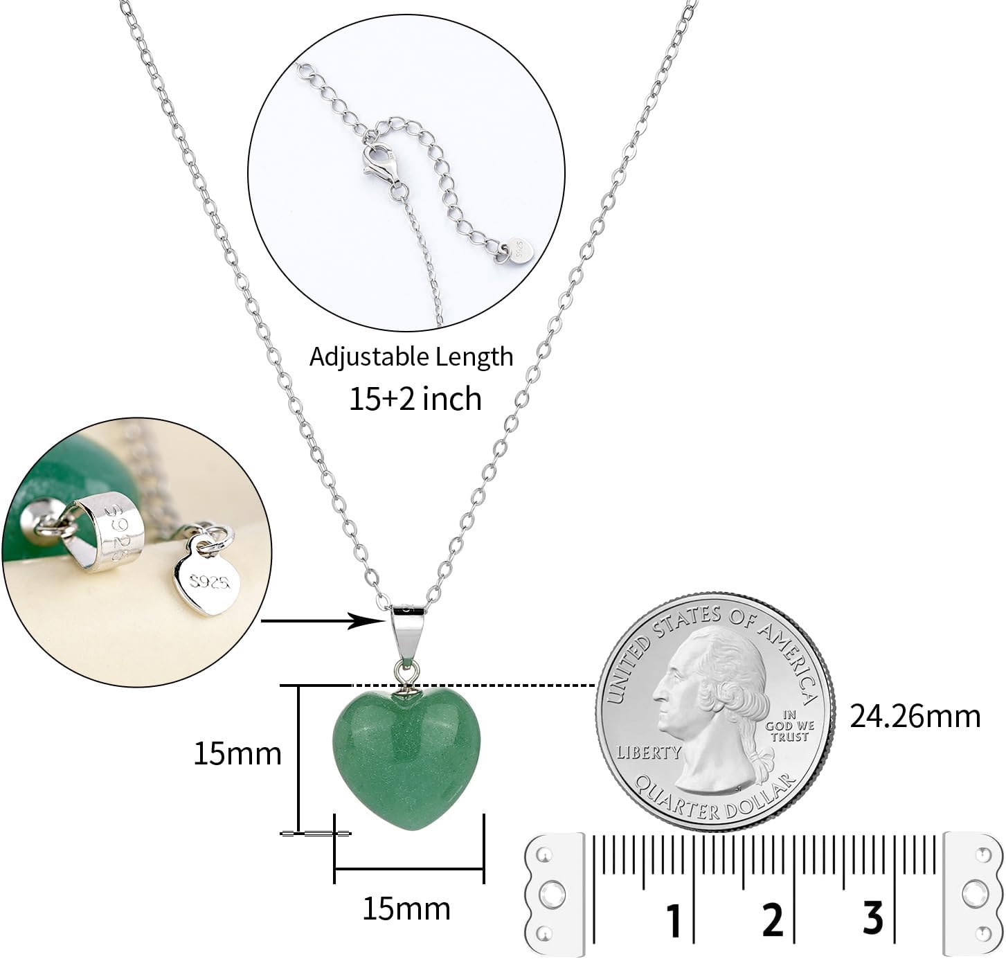 925 Sterling Silver Heart Gemstone Pendant Necklace for Women Natural Heart Stone Healing Crystal S925 Jewelry Gift
