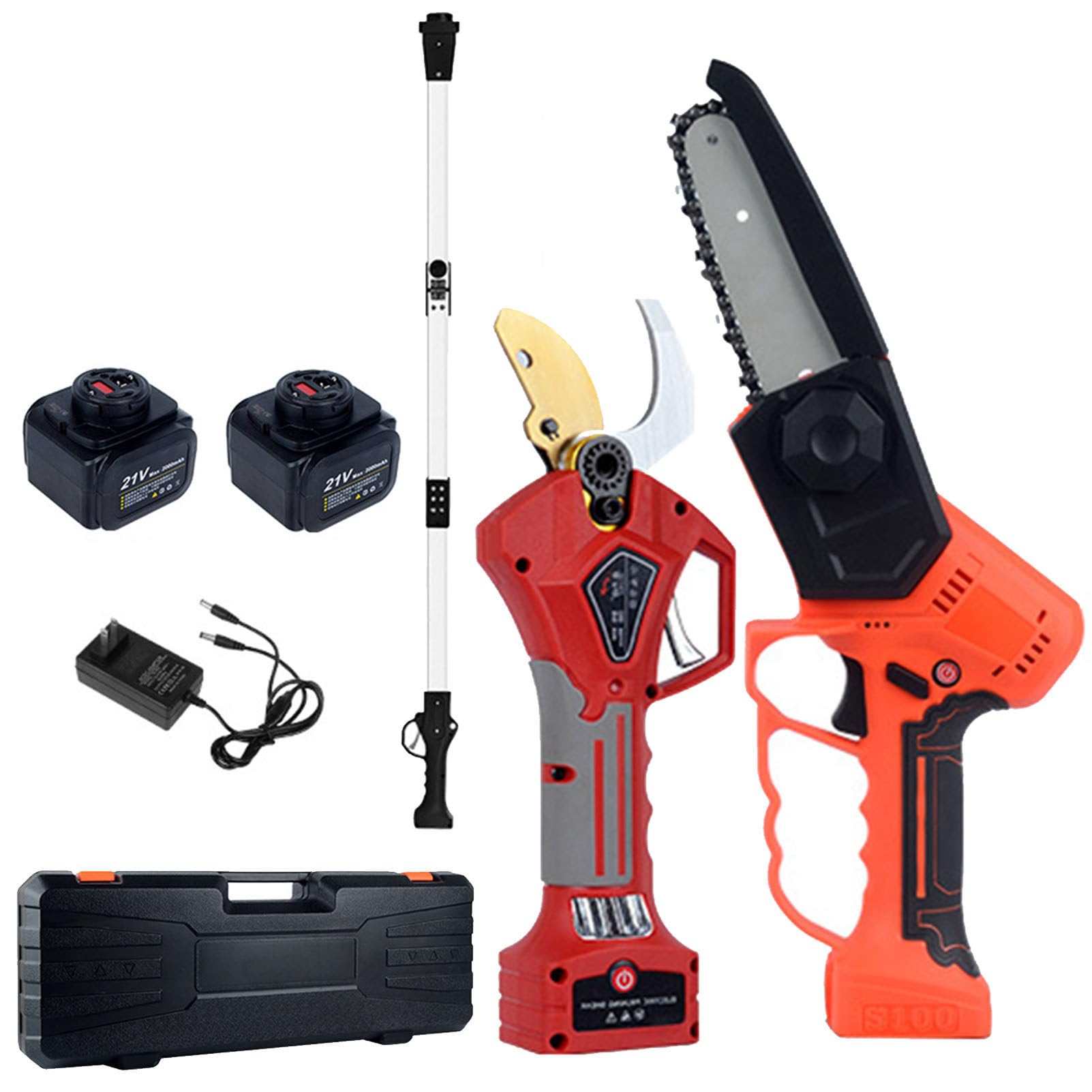 Kit de podadora eléctrica de Mano, 2 baterías, Motosierra inalámbrica 2 en 1 y Tijeras de podar con Poste de extensión máximo de 6.3 pies, para Ramas de árboles, Patio, hogar y jardín