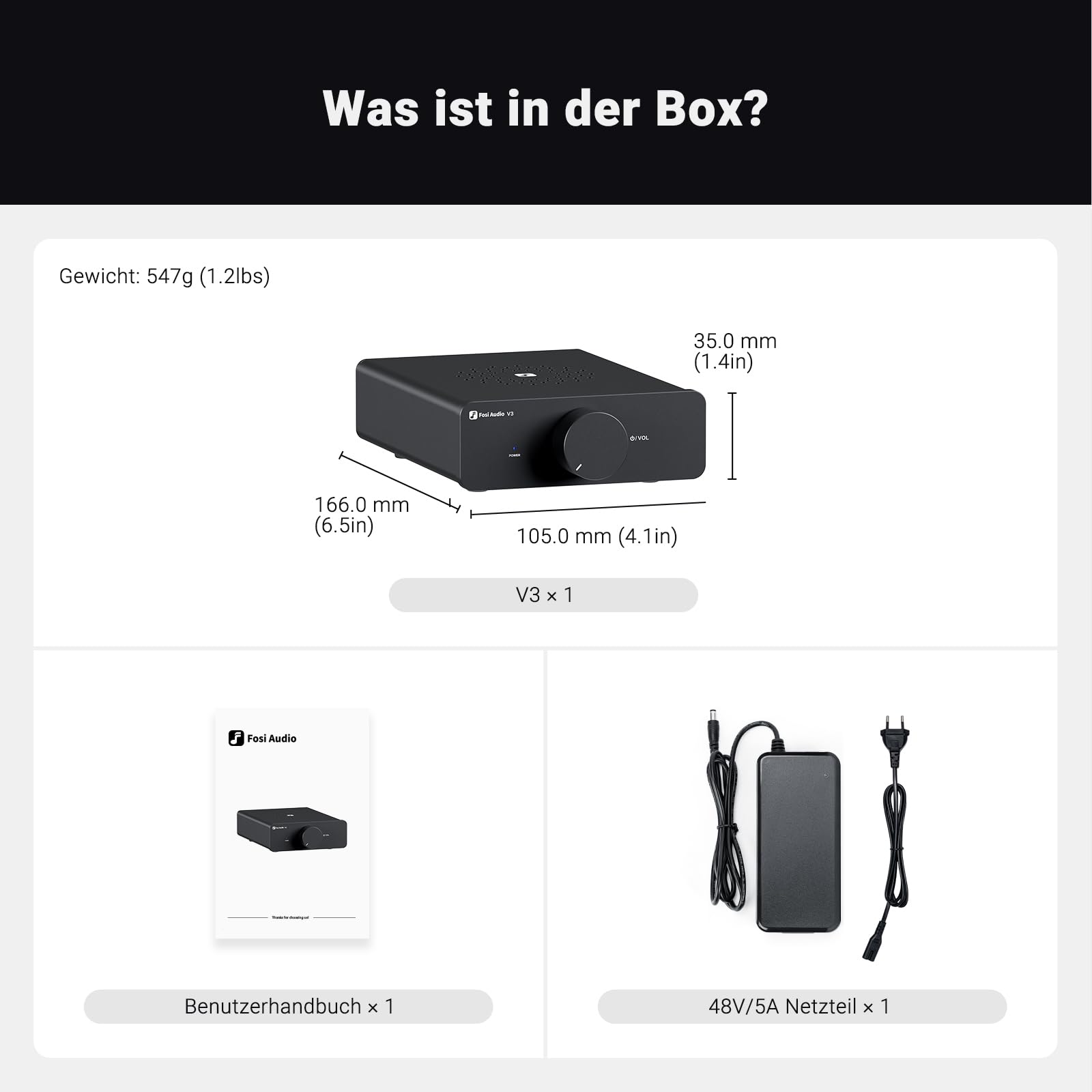 Fosi Audio V3 HiFi Verstärker 600Watt, TPA3255 Mini 2.0CH Klass-D Stereo Verstärker 300W x 2, Amplifier für Leutsprecher, inkl. 48V/5A Stromversorgung