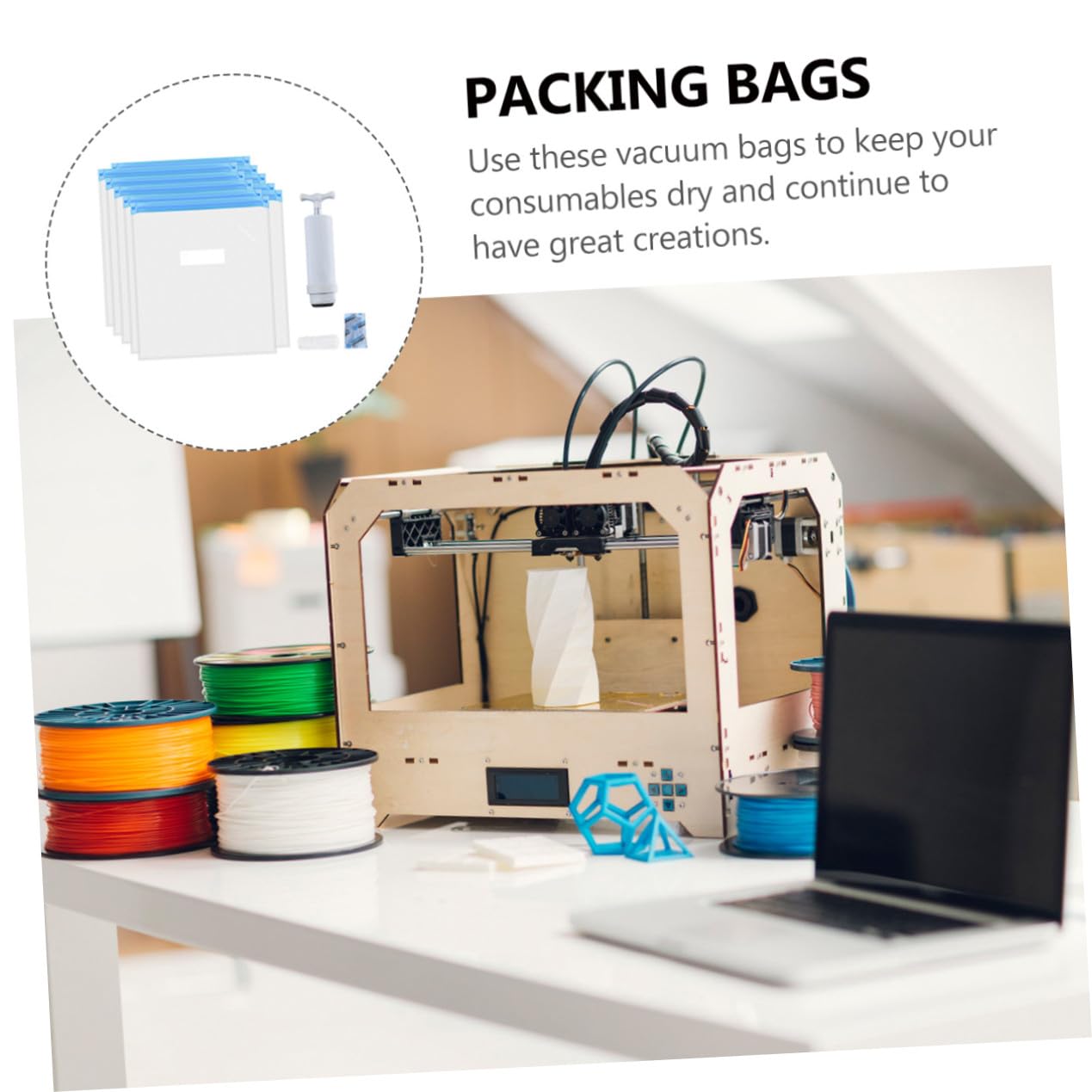 1juego Bolsas De Vacío Reutilizables Con Bomba De Compresión Para Almacenamiento De Filamentos De Impresora y Otros Consumibles Incluye Clips Secado